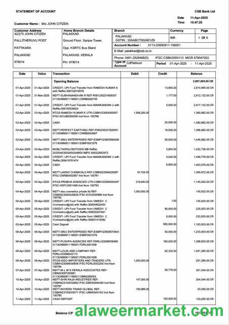 India CSB Bank statement of account Word and PDF template